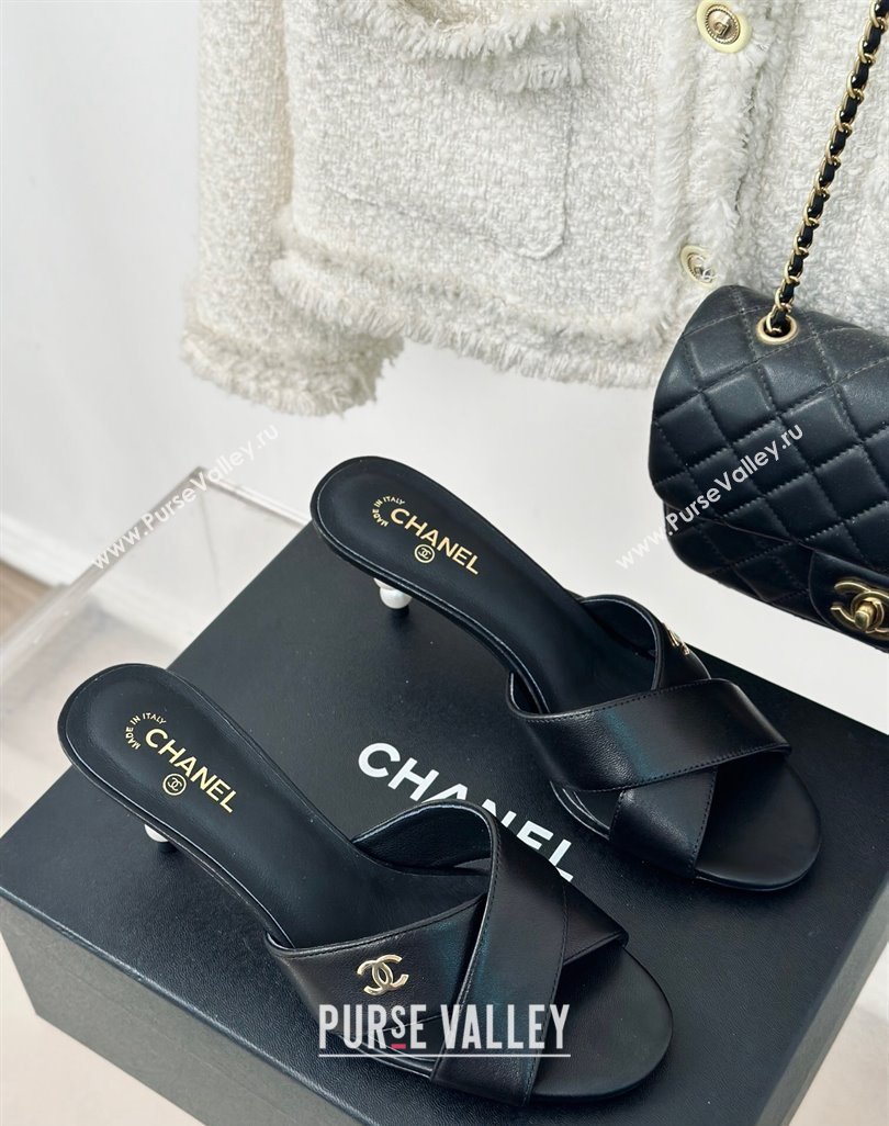 Chanel Lambskin Heel Slide Sandals 6cm with Pearls Heel Black 2024 0424 (MD-240424116)