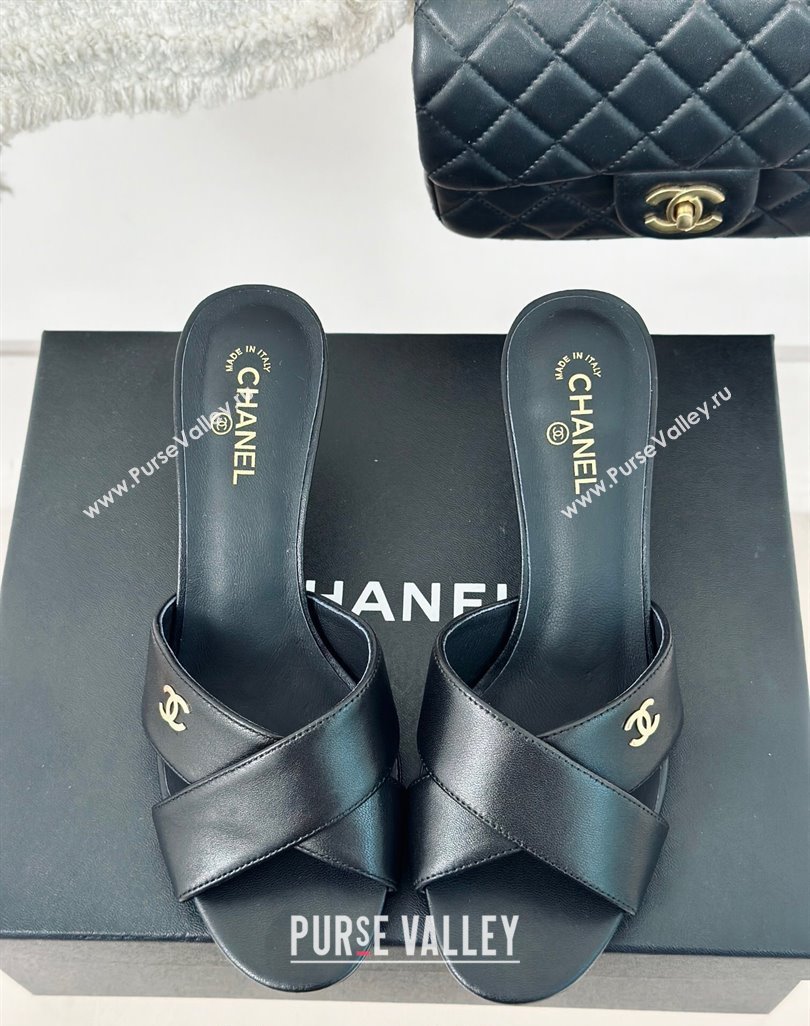 Chanel Lambskin Heel Slide Sandals 6cm with Pearls Heel Black 2024 0424 (MD-240424116)