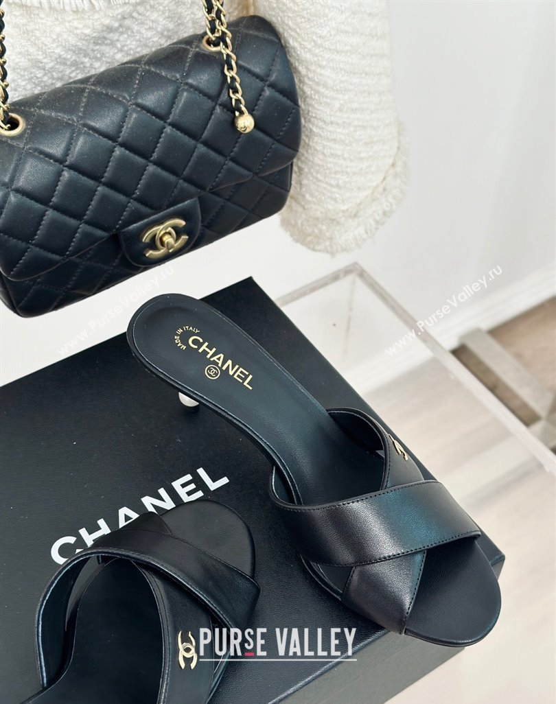 Chanel Lambskin Heel Slide Sandals 6cm with Pearls Heel Black 2024 0424 (MD-240424116)