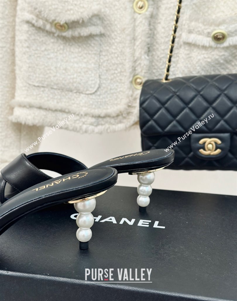 Chanel Lambskin Heel Slide Sandals 6cm with Pearls Heel Black 2024 0424 (MD-240424116)