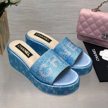 Chanel Crystals Allover Wedge Slide Sandals with Letters Blue 2024 042302 (MD-240423020)