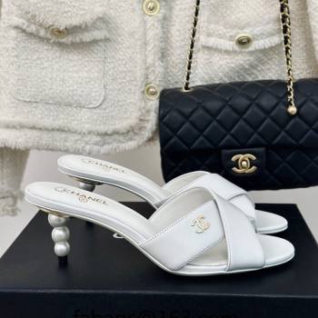 Chanel Lambskin Heel Slide Sandals 6cm with Pearls Heel White 2024 0424 (MD-240424117)