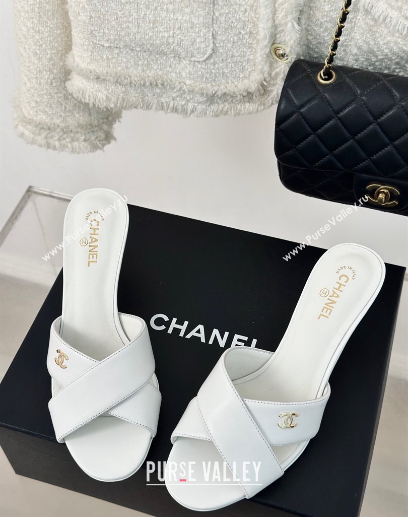 Chanel Lambskin Heel Slide Sandals 6cm with Pearls Heel White 2024 0424 (MD-240424117)