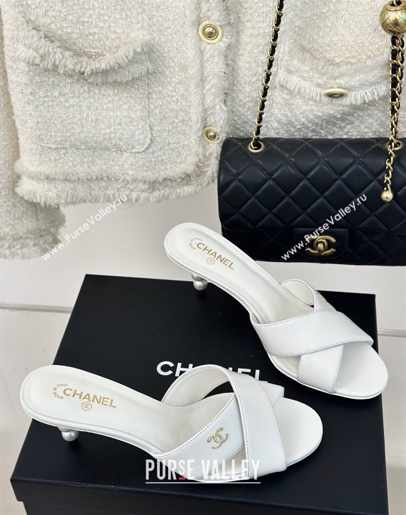 Chanel Lambskin Heel Slide Sandals 6cm with Pearls Heel White 2024 0424 (MD-240424117)