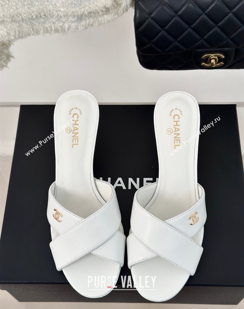 Chanel Lambskin Heel Slide Sandals 6cm with Pearls Heel White 2024 0424 (MD-240424117)