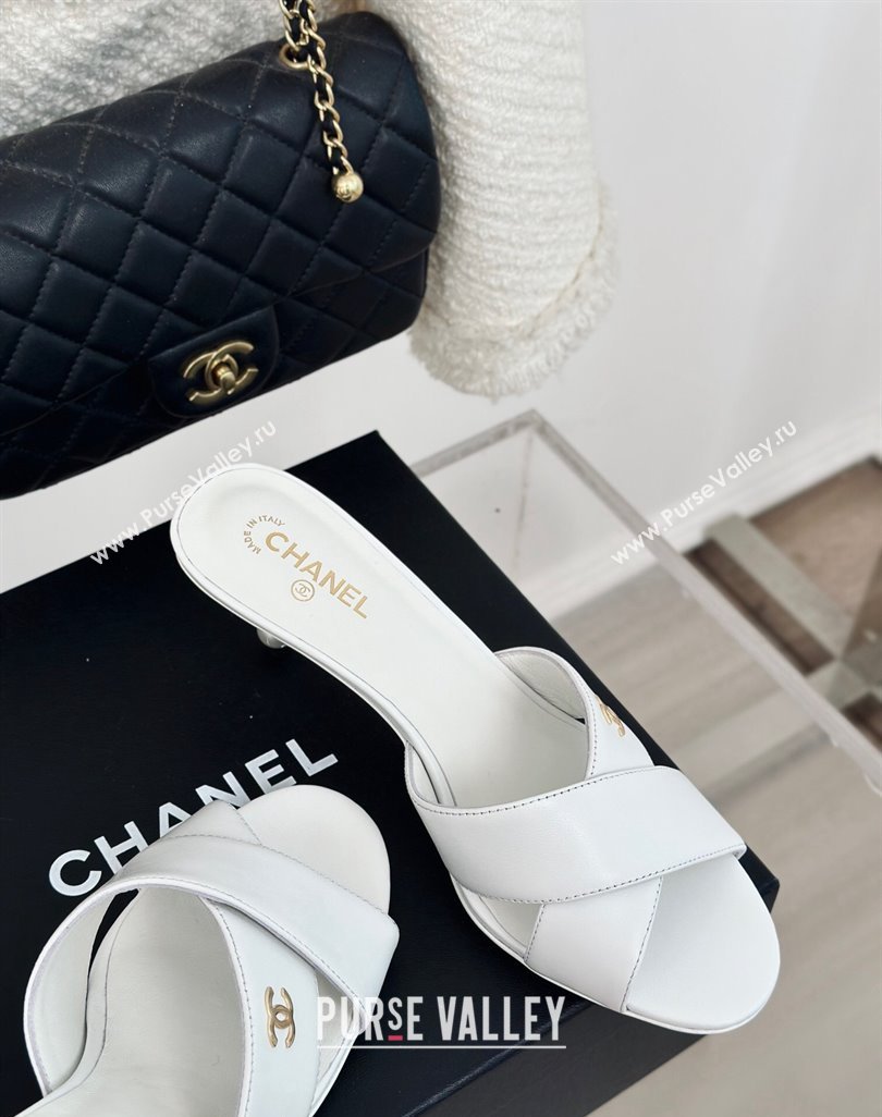 Chanel Lambskin Heel Slide Sandals 6cm with Pearls Heel White 2024 0424 (MD-240424117)