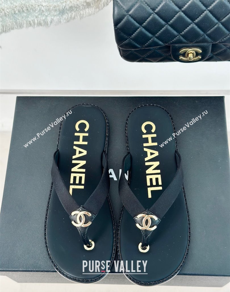 Chanel Calfskin Flat Thong Slide Sandals with CC Black 2024 0424 (MD-240424119)