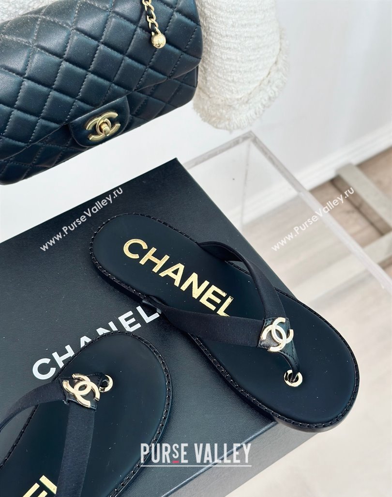 Chanel Calfskin Flat Thong Slide Sandals with CC Black 2024 0424 (MD-240424119)