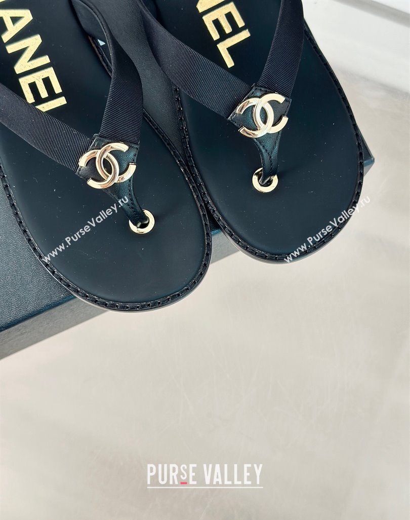Chanel Calfskin Flat Thong Slide Sandals with CC Black 2024 0424 (MD-240424119)