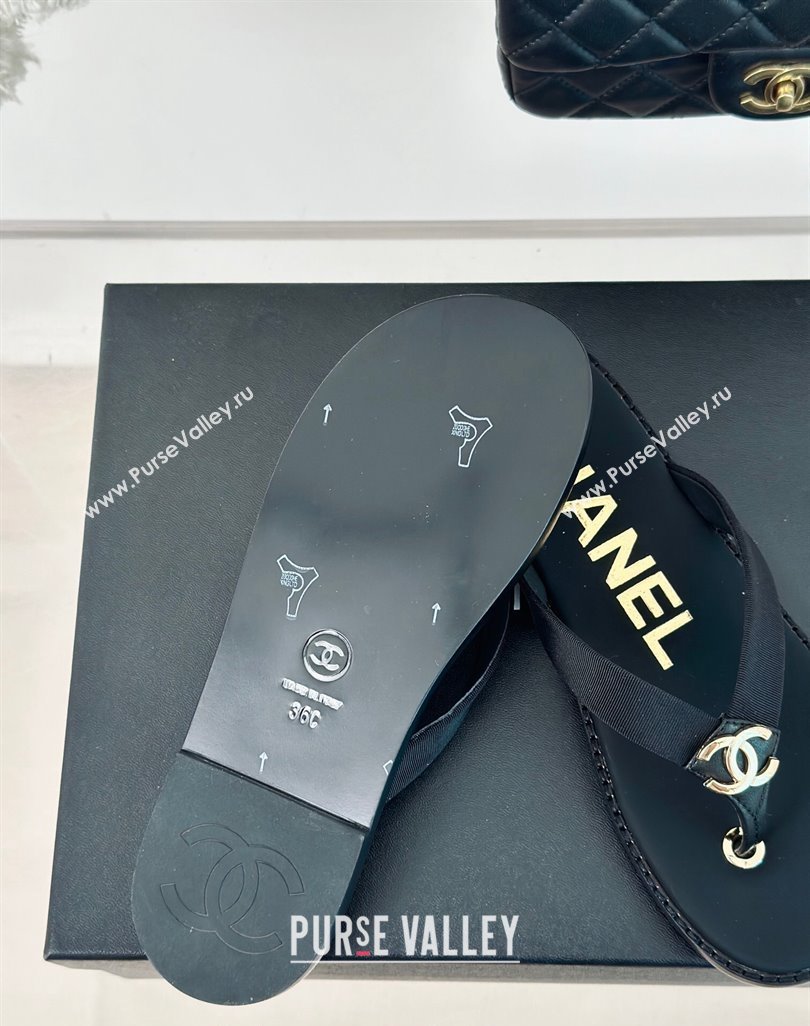 Chanel Calfskin Flat Thong Slide Sandals with CC Black 2024 0424 (MD-240424119)