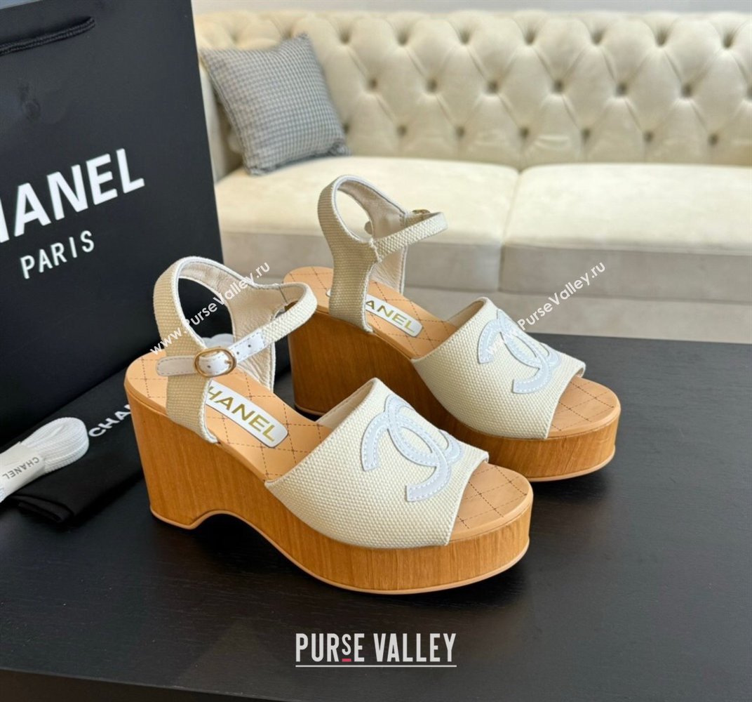 Chanel Wedge Fabric Sandals 10cm G45555 White 2024 (MD-240424128)