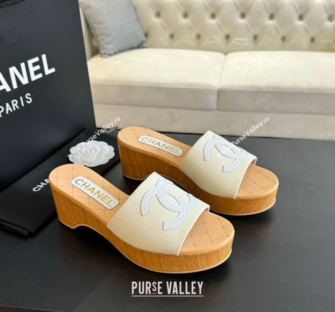Chanel Wedge Fabric Slide Sandal 10cm G45555 White 2024 (MD-240424134)