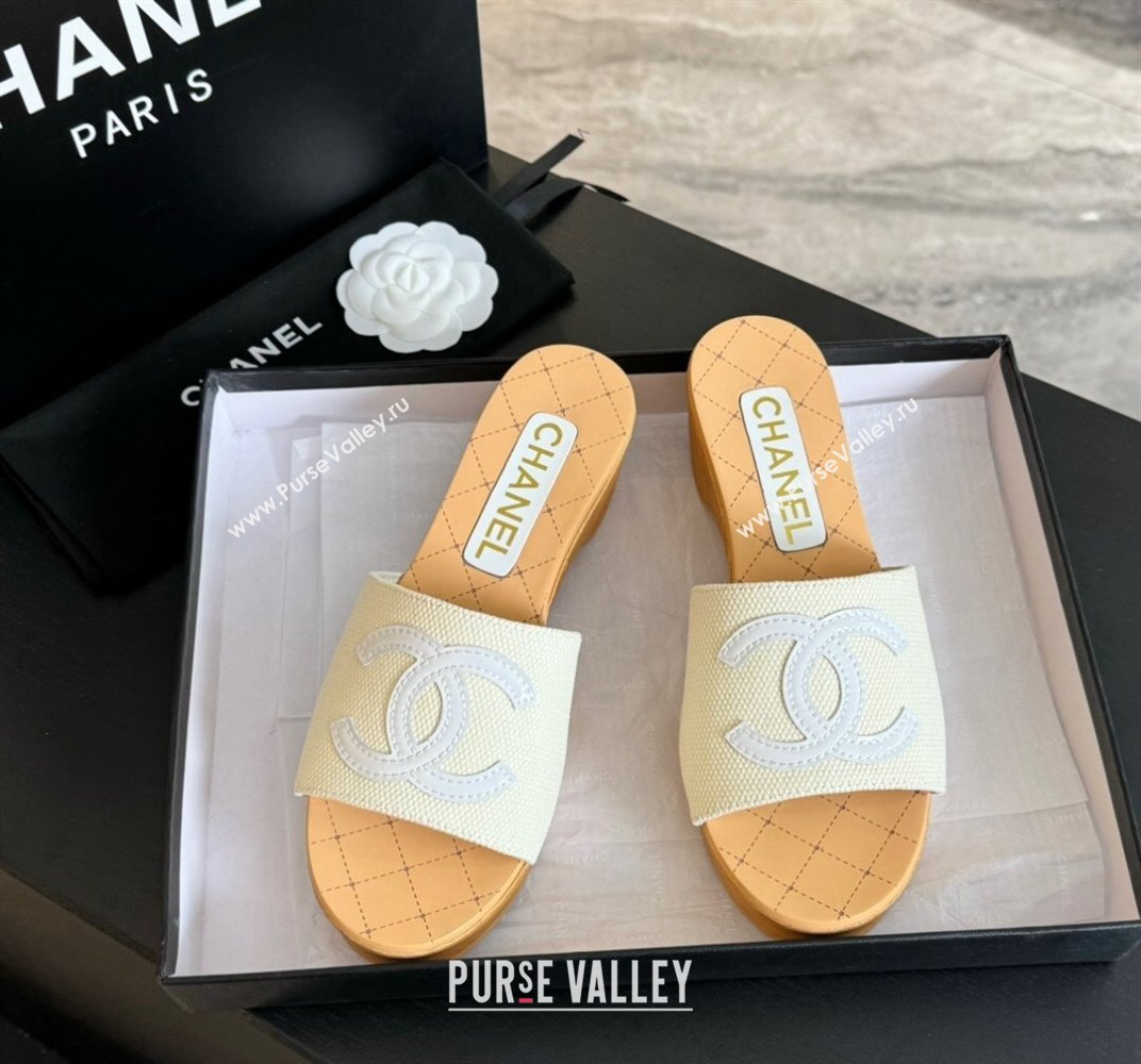Chanel Wedge Fabric Slide Sandal 10cm G45555 White 2024 (MD-240424134)