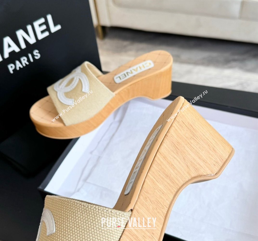 Chanel Wedge Fabric Slide Sandal 10cm G45555 Beige 2024 (MD-240424135)