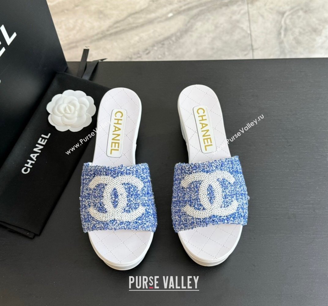 Chanel Tweed Wedge Slide Sandal 10cm Blue 2024 0424 (MD-240424137)