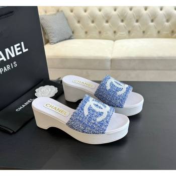Chanel Tweed Wedge Slide Sandal 10cm Blue 2024 0424 (MD-240424137)