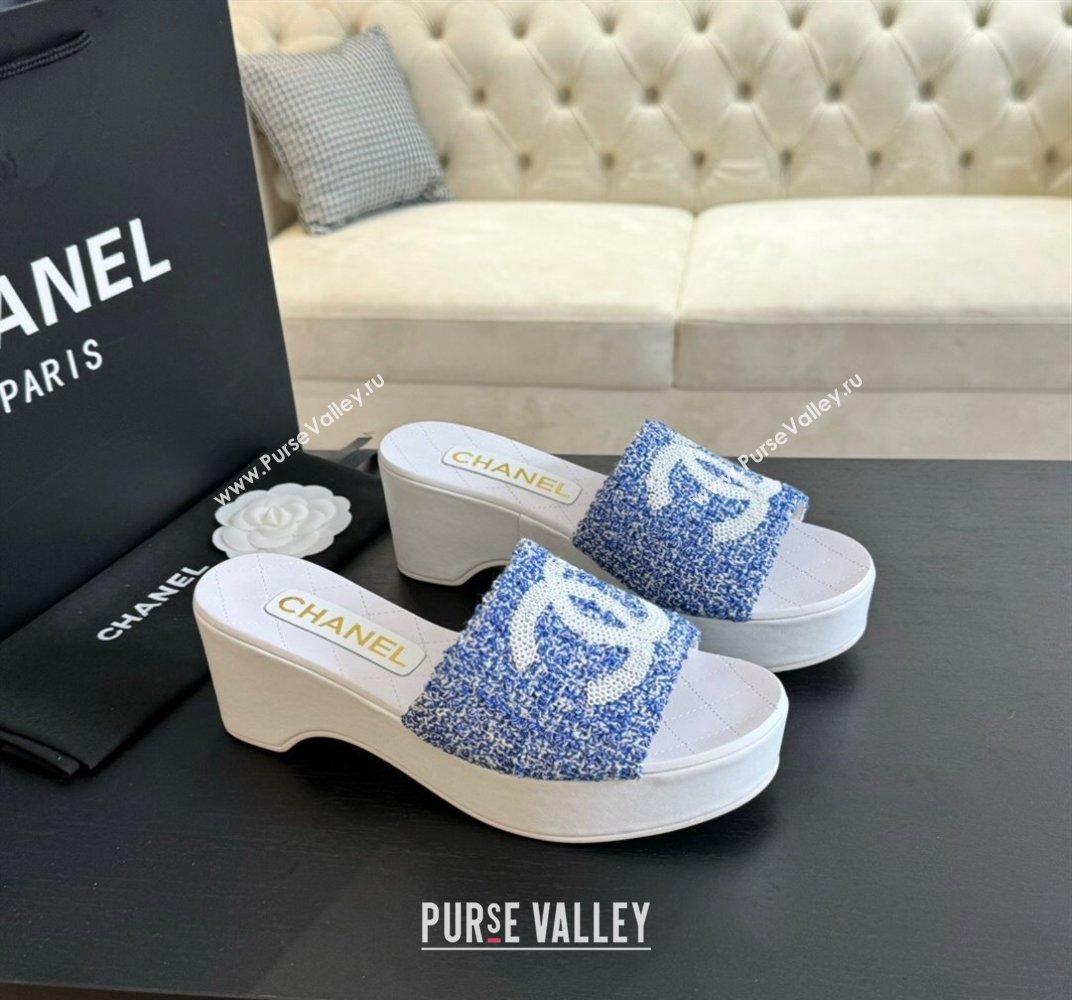 Chanel Tweed Wedge Slide Sandal 10cm Blue 2024 0424 (MD-240424137)