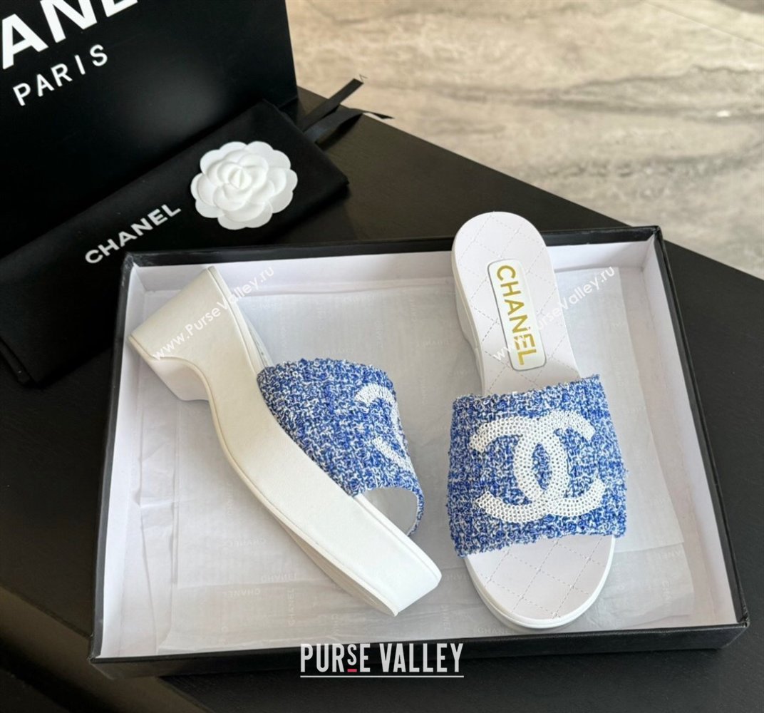 Chanel Tweed Wedge Slide Sandal 10cm Blue 2024 0424 (MD-240424137)