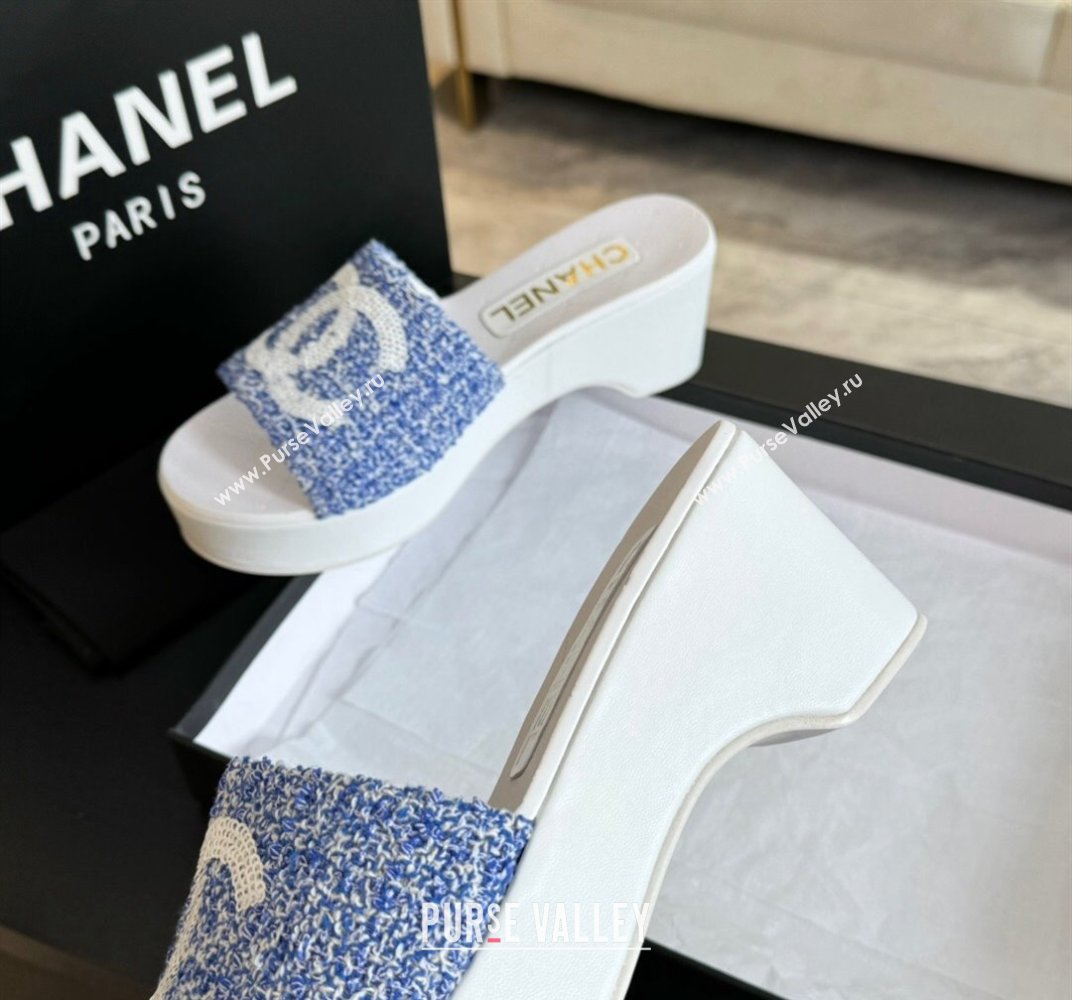 Chanel Tweed Wedge Slide Sandal 10cm Blue 2024 0424 (MD-240424137)