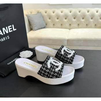 Chanel Tweed Wedge Slide Sandal 10cm Black 2024 0424 (MD-240424138)