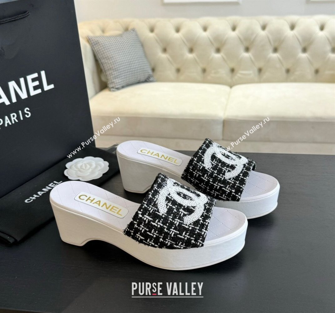 Chanel Tweed Wedge Slide Sandal 10cm Black 2024 0424 (MD-240424138)