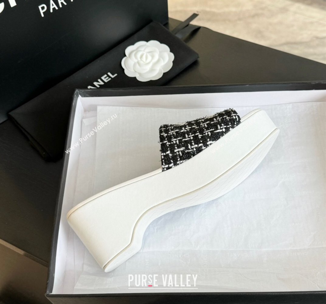 Chanel Tweed Wedge Slide Sandal 10cm Black 2024 0424 (MD-240424138)