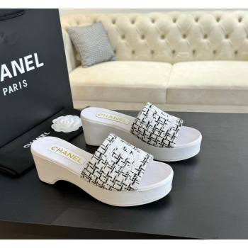 Chanel Tweed Wedge Slide Sandal 10cm White 2024 0424 (MD-240424139)