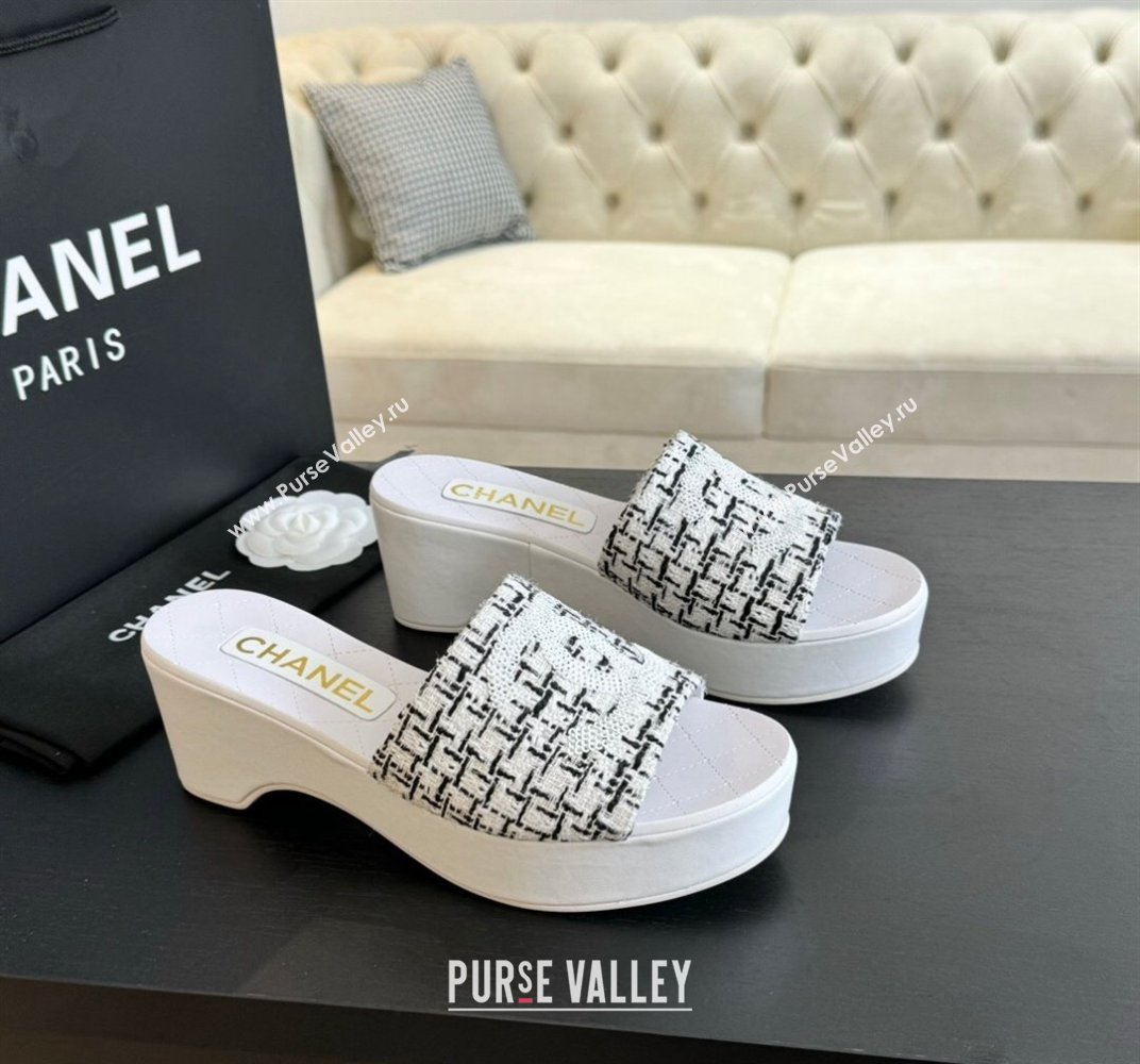 Chanel Tweed Wedge Slide Sandal 10cm White 2024 0424 (MD-240424139)