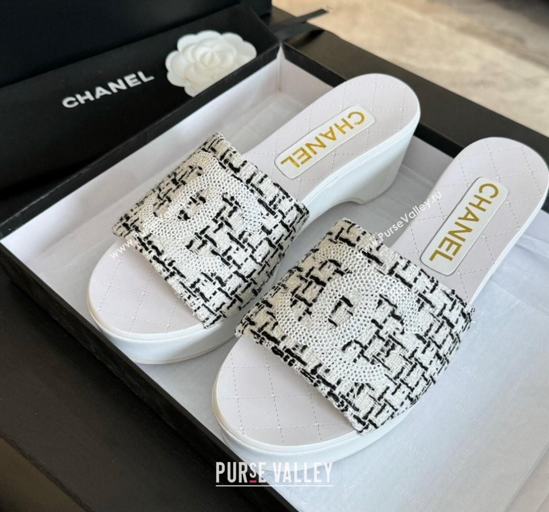 Chanel Tweed Wedge Slide Sandal 10cm White 2024 0424 (MD-240424139)