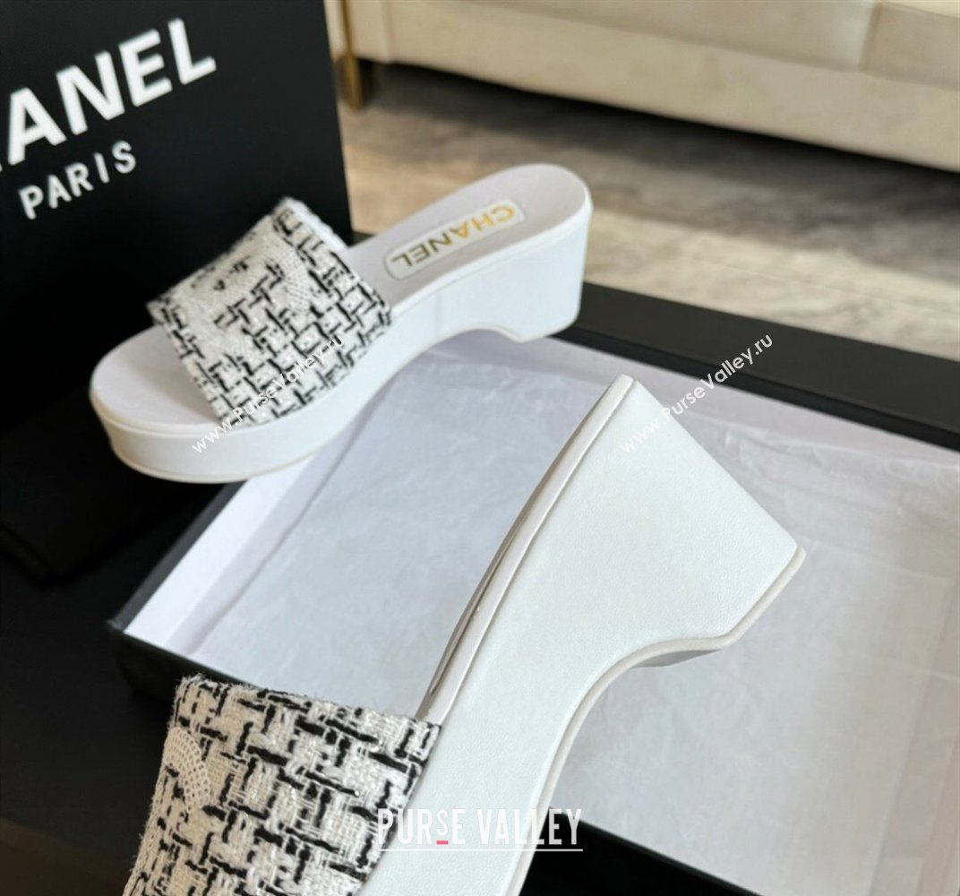 Chanel Tweed Wedge Slide Sandal 10cm White 2024 0424 (MD-240424139)