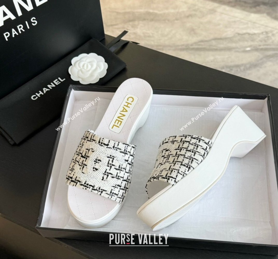 Chanel Tweed Wedge Slide Sandal 10cm White 2024 0424 (MD-240424139)