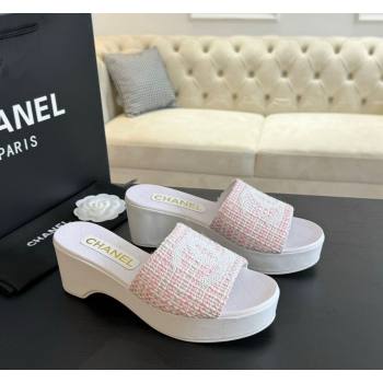Chanel Tweed Wedge Slide Sandal 10cm Pink 2024 0424 (MD-240424140)