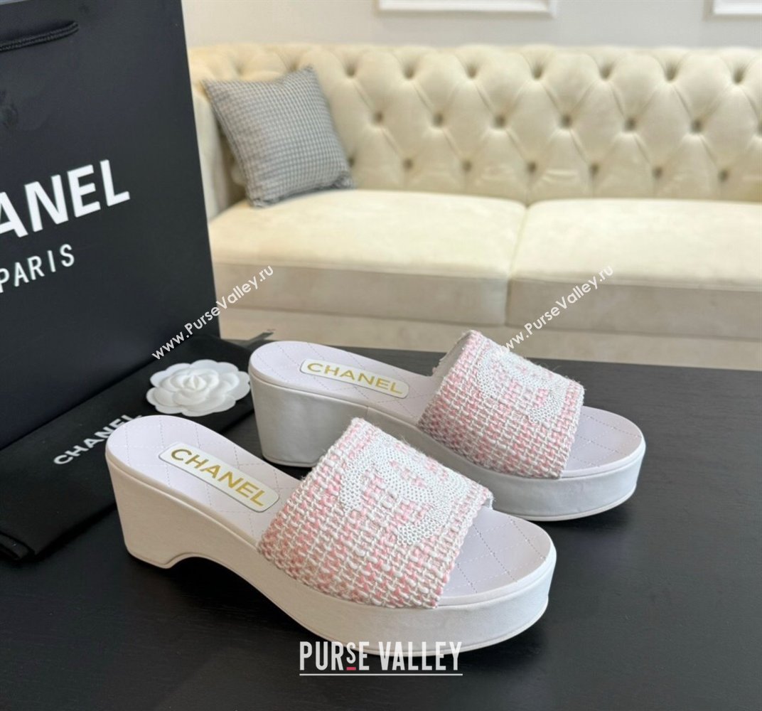 Chanel Tweed Wedge Slide Sandal 10cm Pink 2024 0424 (MD-240424140)