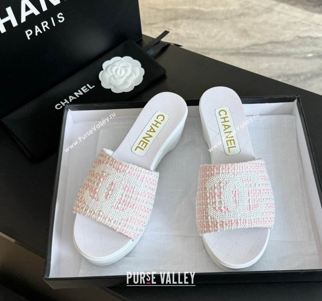 Chanel Tweed Wedge Slide Sandal 10cm Pink 2024 0424 (MD-240424140)
