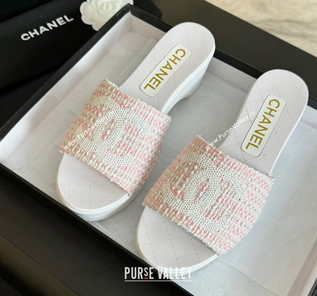 Chanel Tweed Wedge Slide Sandal 10cm Pink 2024 0424 (MD-240424140)