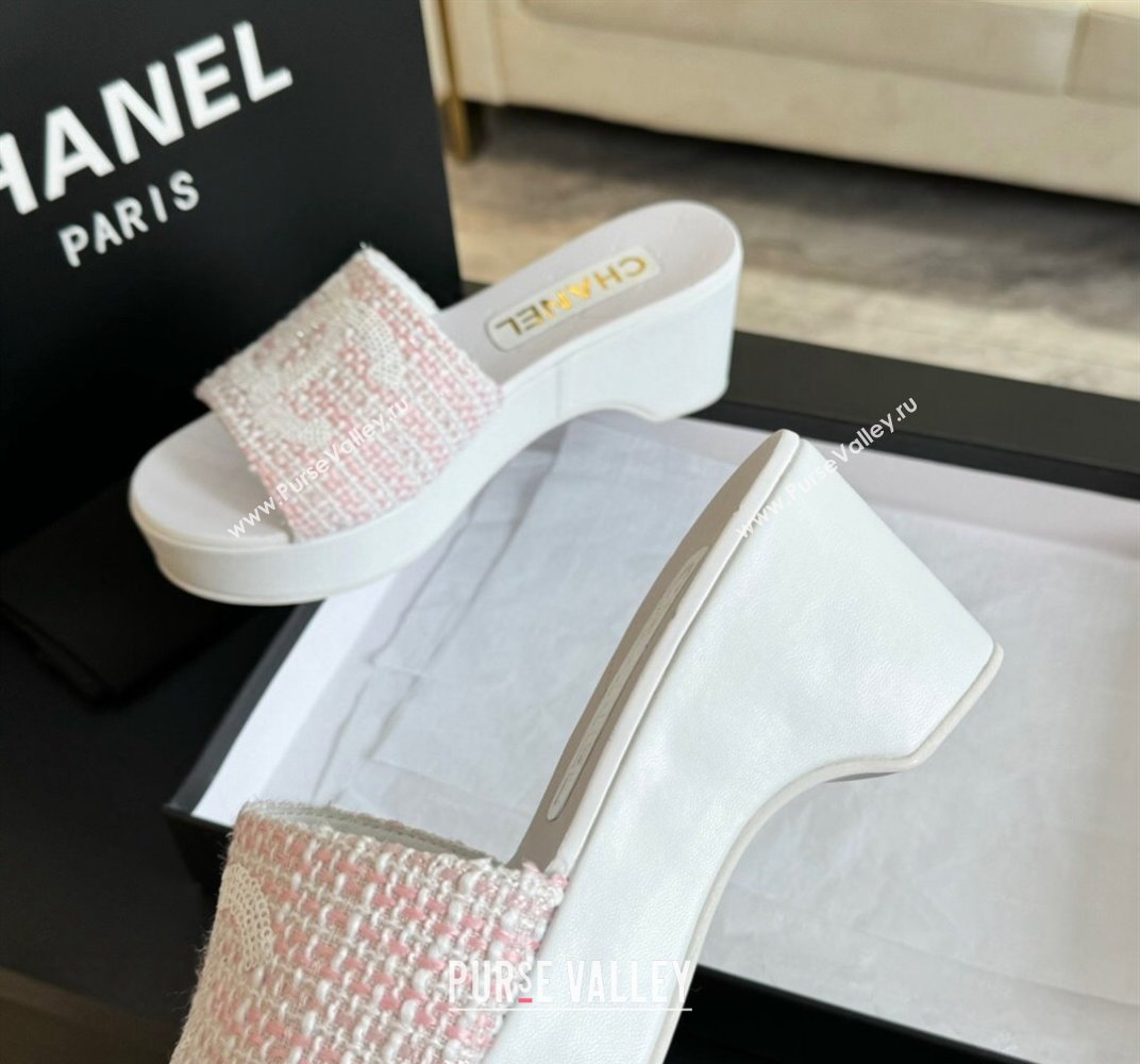 Chanel Tweed Wedge Slide Sandal 10cm Pink 2024 0424 (MD-240424140)