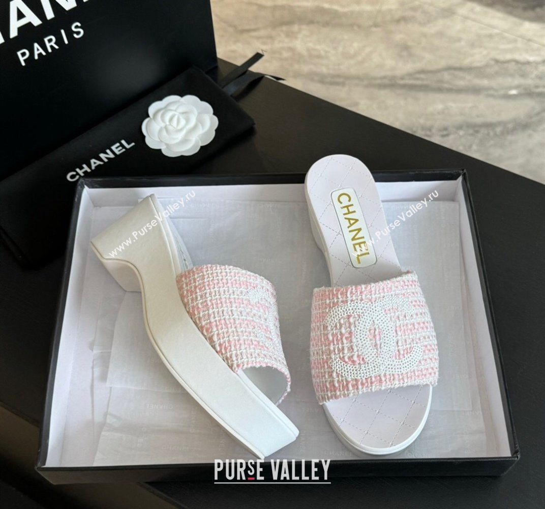 Chanel Tweed Wedge Slide Sandal 10cm Pink 2024 0424 (MD-240424140)