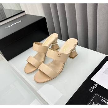 Chanel Lambskin Heel Slide Sandal 7cm with Pearls G45685 Beige 2024 (MD-240424141)