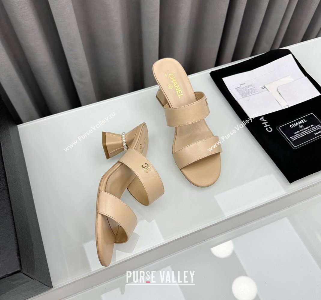 Chanel Lambskin Heel Slide Sandal 7cm with Pearls G45685 Beige 2024 (MD-240424141)