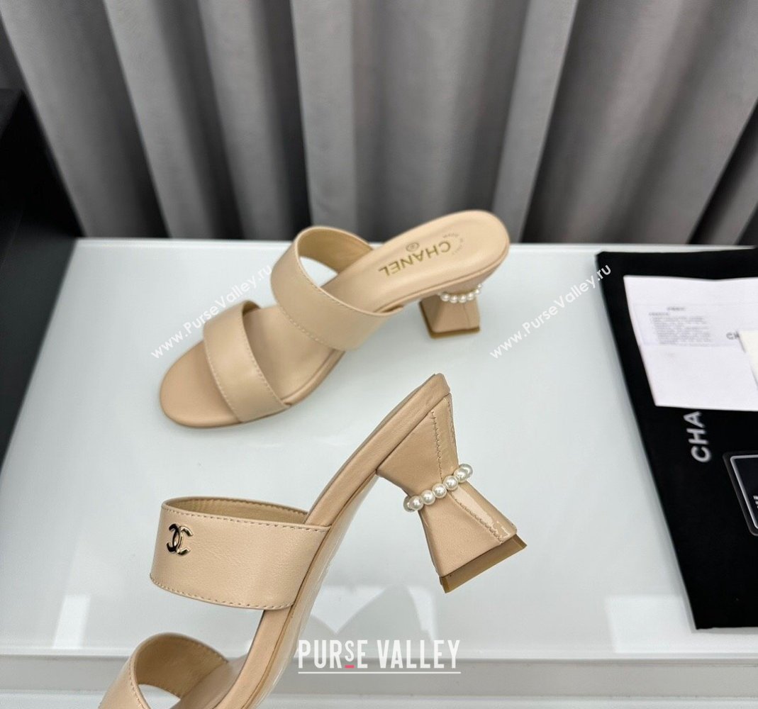 Chanel Lambskin Heel Slide Sandal 7cm with Pearls G45685 Beige 2024 (MD-240424141)