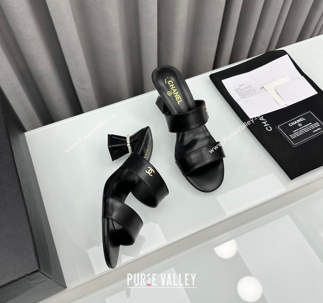 Chanel Lambskin Heel Slide Sandal 7cm with Pearls G45685 Black 2024 (MD-240424142)