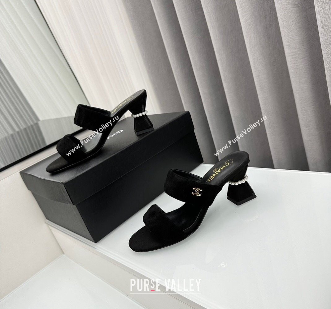 Chanel Suede Heel Slide Sandal 7cm with Pearls G45685 Black 2024 (MD-240424147)