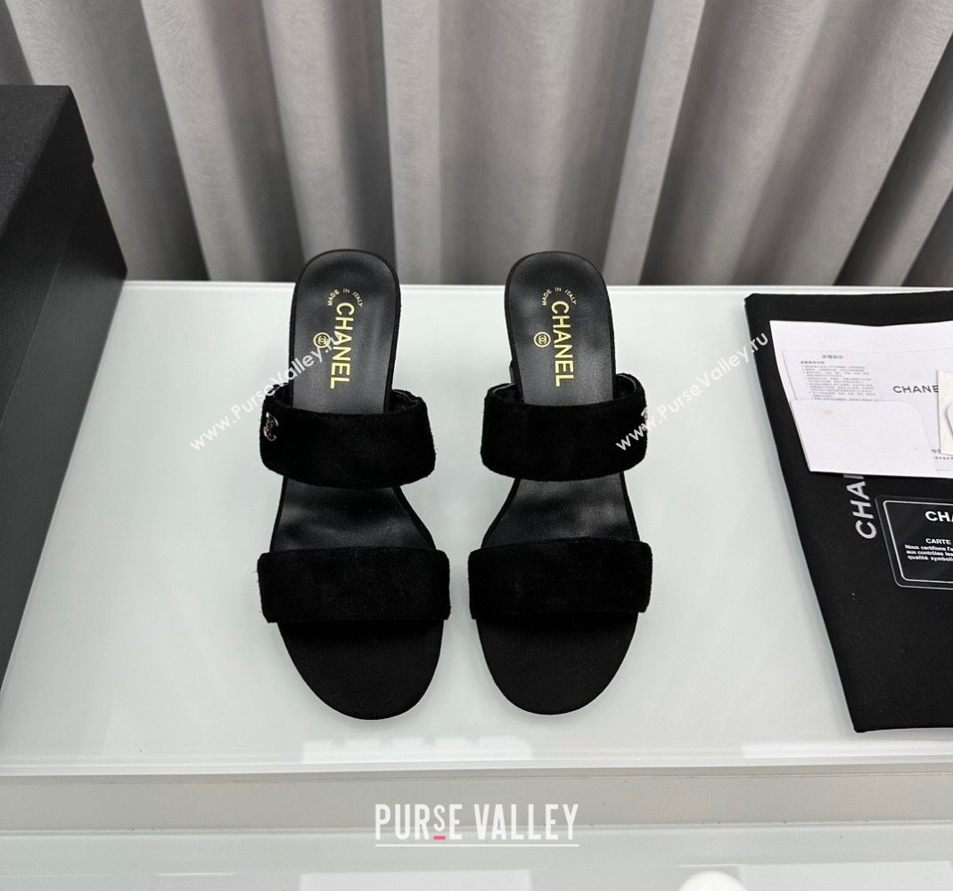 Chanel Suede Heel Slide Sandal 7cm with Pearls G45685 Black 2024 (MD-240424147)