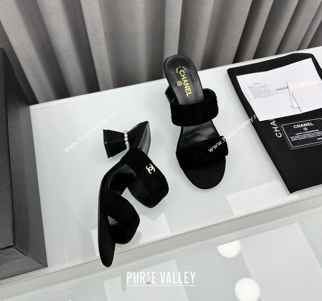 Chanel Suede Heel Slide Sandal 7cm with Pearls G45685 Black 2024 (MD-240424147)