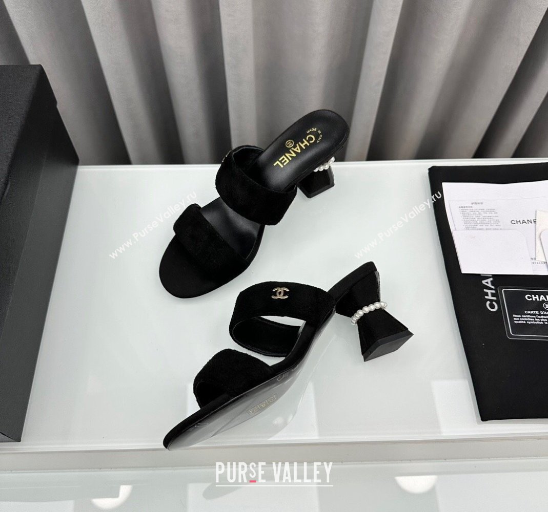 Chanel Suede Heel Slide Sandal 7cm with Pearls G45685 Black 2024 (MD-240424147)