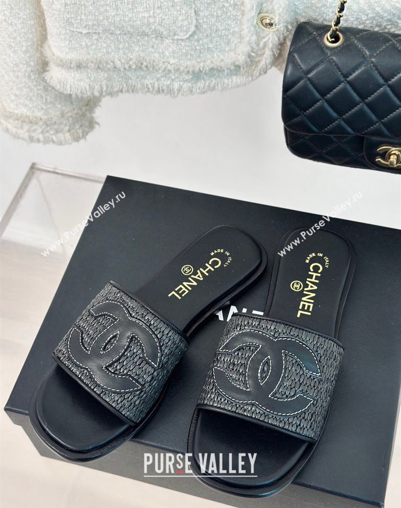 Chanel Raffia Straw Flat Slide Sandals Black 2024 0424 (MD-240424148)