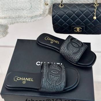 Chanel Raffia Straw Flat Slide Sandals Black 2024 0424 (MD-240424148)