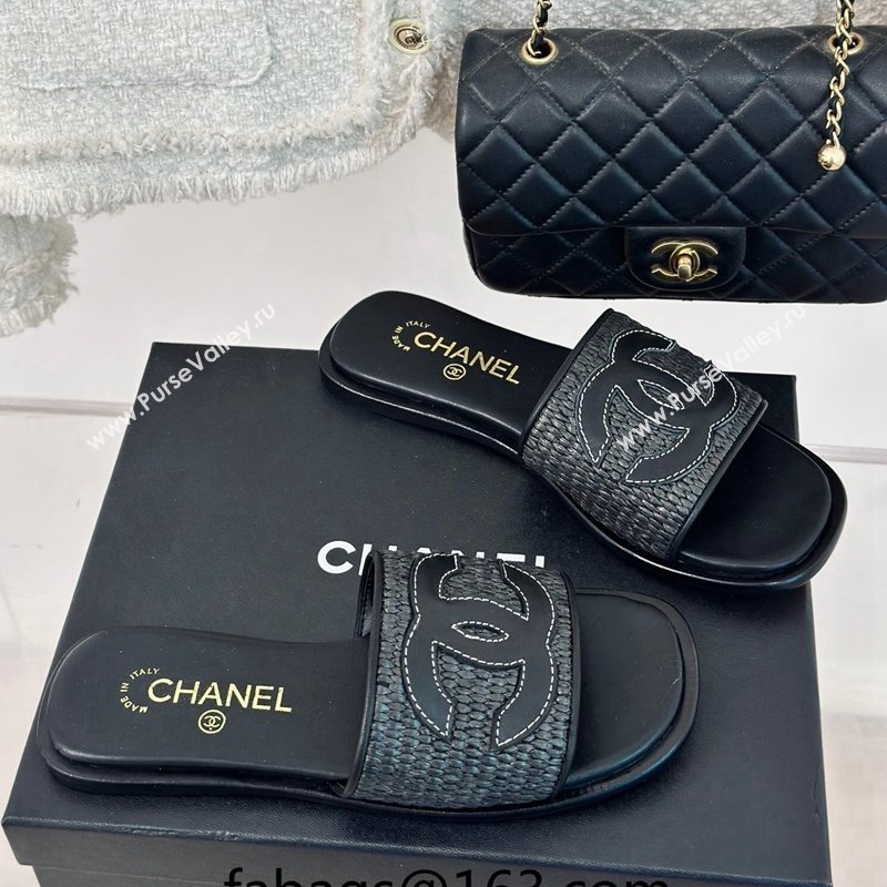 Chanel Raffia Straw Flat Slide Sandals Black 2024 0424 (MD-240424148)