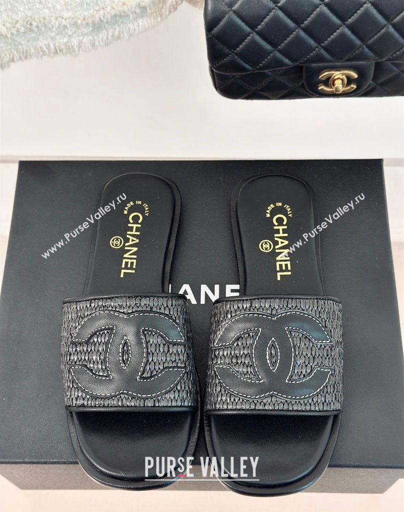 Chanel Raffia Straw Flat Slide Sandals Black 2024 0424 (MD-240424148)