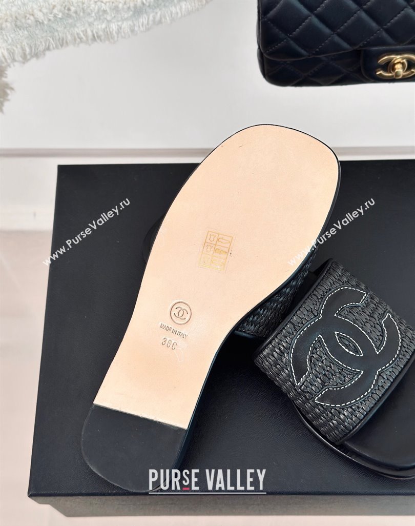 Chanel Raffia Straw Flat Slide Sandals Black 2024 0424 (MD-240424148)